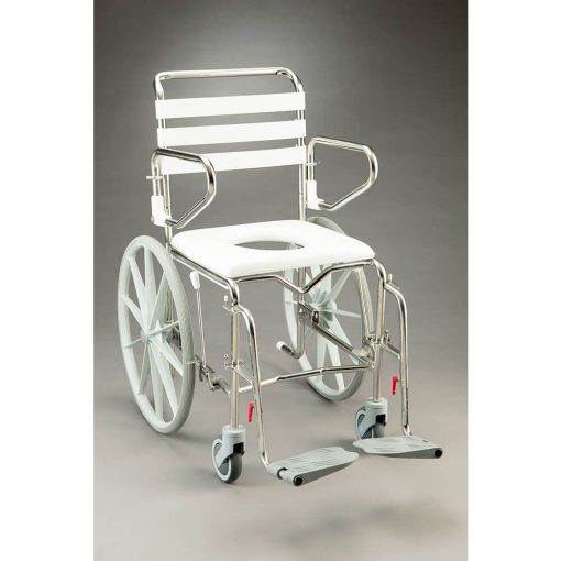 Shower Commode Stainless Steel Self Propelled with padded seat, pan and pan carrier